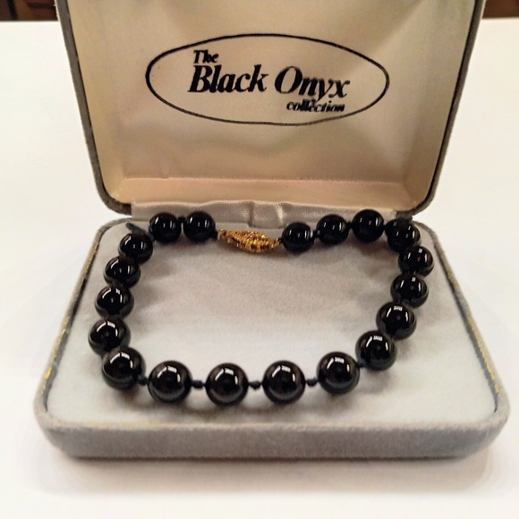 Vintage Jewelry - Vintage Black Onyx Beaded Bracelet Gold Over 925 NIB